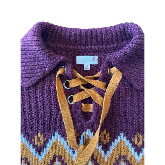 Burgundy Cropped Knit Sweater M Women’s Collared Lace Up Y2K Retro Preppy Boho - Picture 3 of 8